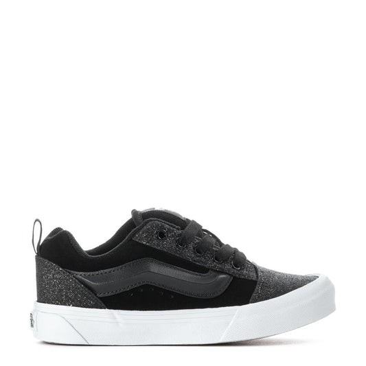 Kids black glitter sneakers with black laces and white vulcanized sole