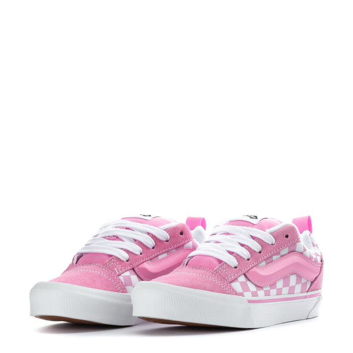 Kids pink sneakers front view with checkerboard stripe and white rubber sole
