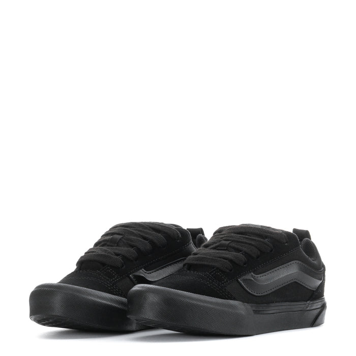 Kids triple-black lace-up sneakers, pair view from above with rubber outsole