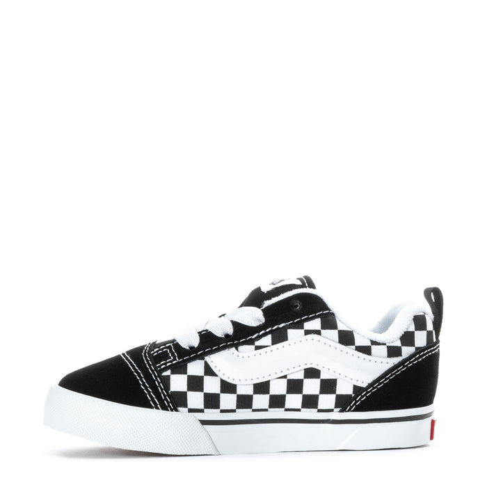 Toddler black and white checkerboard sneakers, lace-up, white rubber sole.