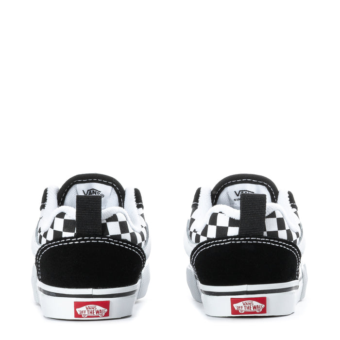 Toddler sneakers heel view, black back panels with white checkerboard side panels.
