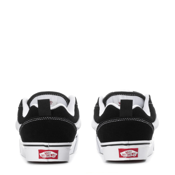 Black and white sneaker heel view with cushioned collar and white rubber midsole