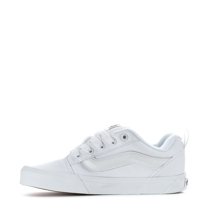 Youth white low-top sneaker, lace-up with padded collar and stitched overlays