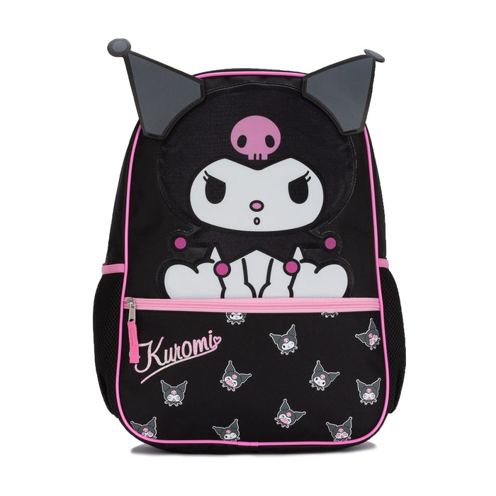 Black and pink Kuromi character backpack with front graphic and allover cat prints