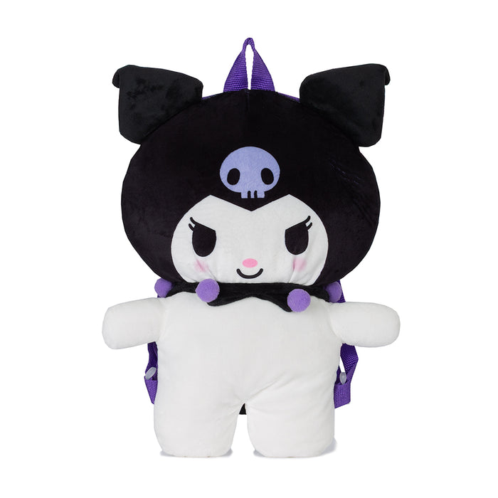 Plush character backpack with black body, white face panel, purple accents and skull