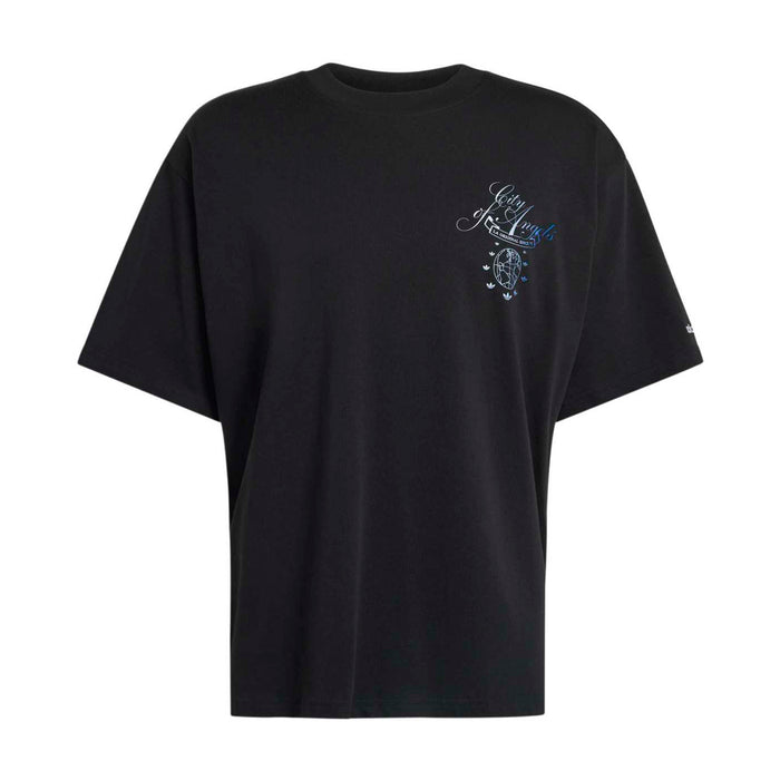 Men's black crewneck T-shirt with small Los Angeles globe graphic on chest