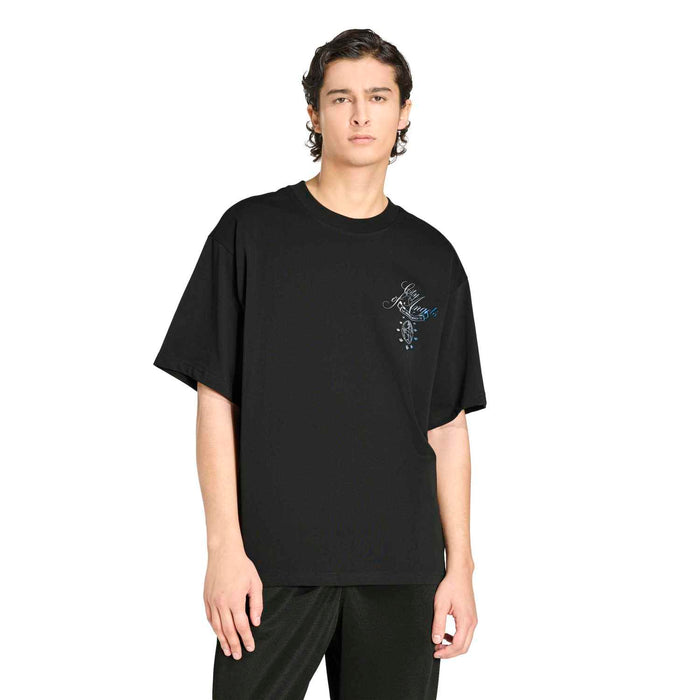 Men's black crewneck T-shirt with small blue-and-white Los Angeles globe emblem
