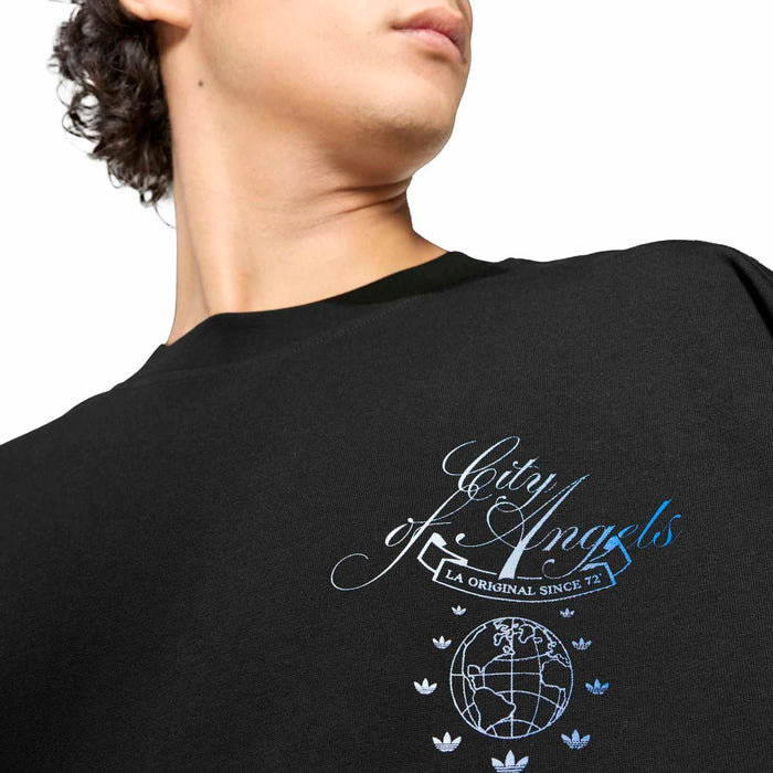 Men's black T-shirt with large script Los Angeles globe and angel wings graphic