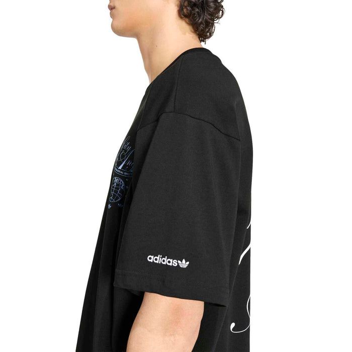 Men's black T-shirt sleeve with adidas logo and small globe graphic patch