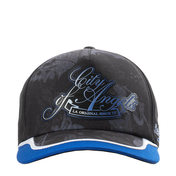 Black trucker cap with embroidered Los Angeles script and blue accents