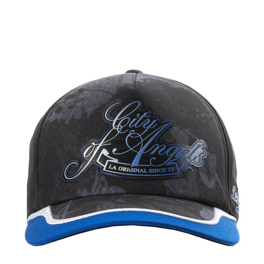 Black trucker cap with embroidered Los Angeles script and blue accents