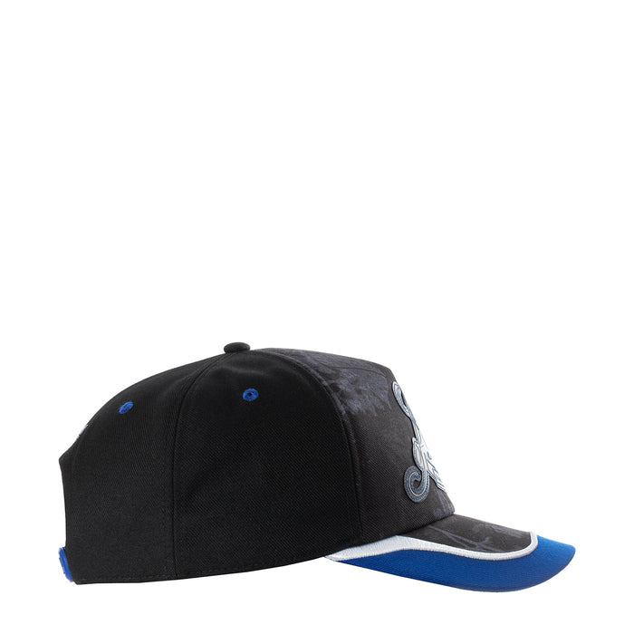 Black trucker cap with side embroidered emblem and blue-and-white contrast brim