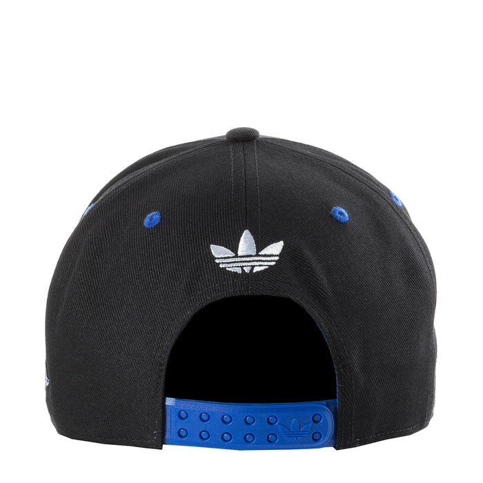 Black trucker cap with white trefoil logo and blue snapback strap