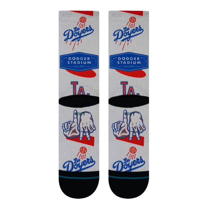 Grey crew socks with blue Dodgers script and Dodger Stadium patch, red LA logo, black cuffs