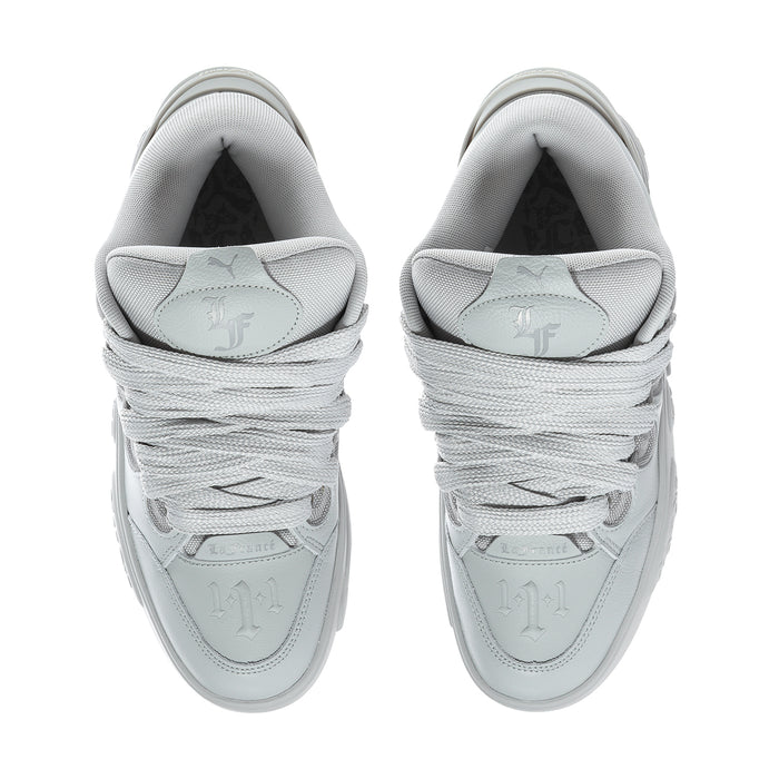 Light grey men’s skate sneakers, tongue and inner collar view with laces