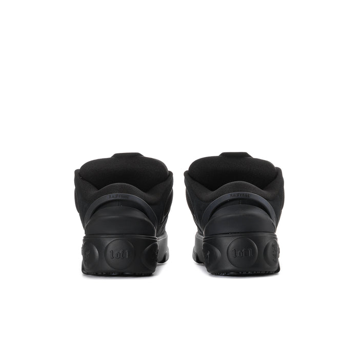 Black skate shoes, rear view with padded collar and grippy outsole tread