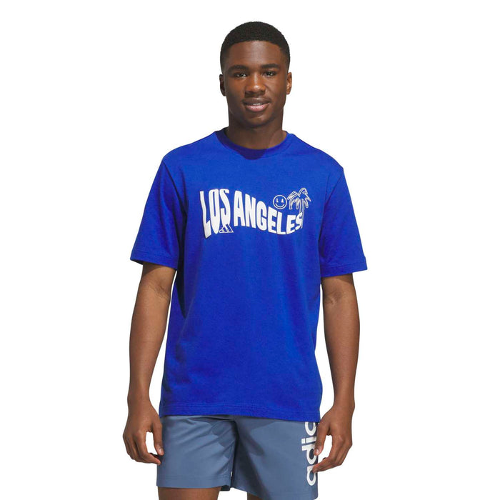 Men's royal blue tee with 'Los Angeles' chest graphic, crew neck