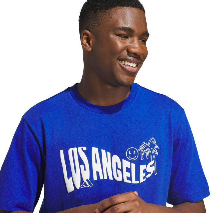 Men's royal blue T-shirt close-up of 'Los Angeles' front graphic