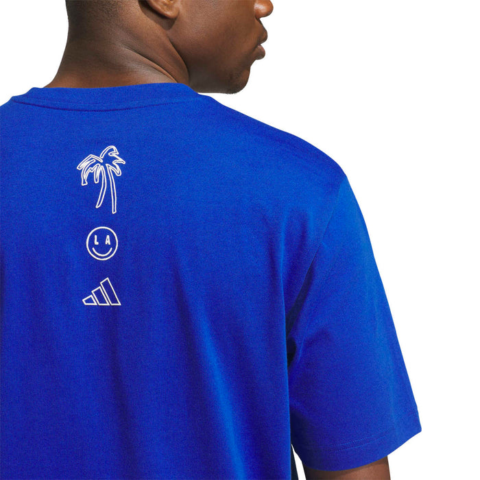 Men's royal blue tee back close-up: palm tree and LA emblem