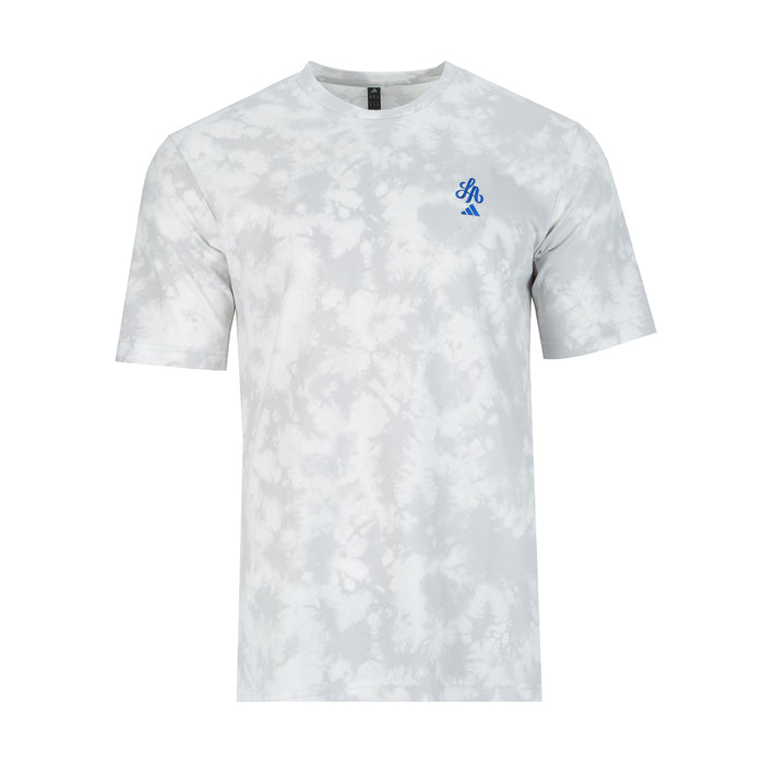 Men's grey tie-dye crewneck T-shirt with short sleeves and small blue script logo