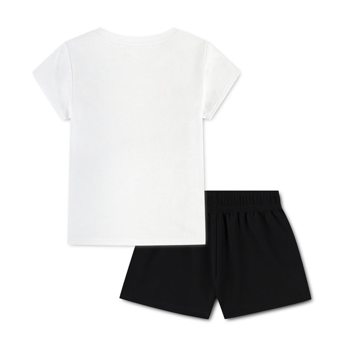 Toddler two-piece short set: plain white T-shirt with black shorts and purple logo