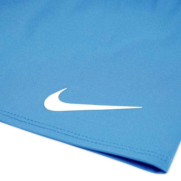Blue athletic shorts with white swoosh logo and stitched hem edge