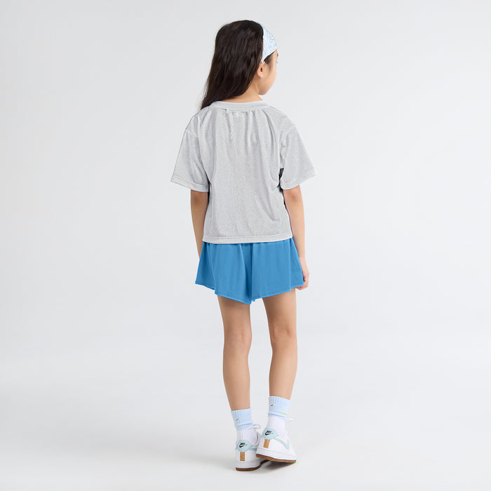 Kids two-piece short set with gray T-shirt and blue athletic shorts, back view