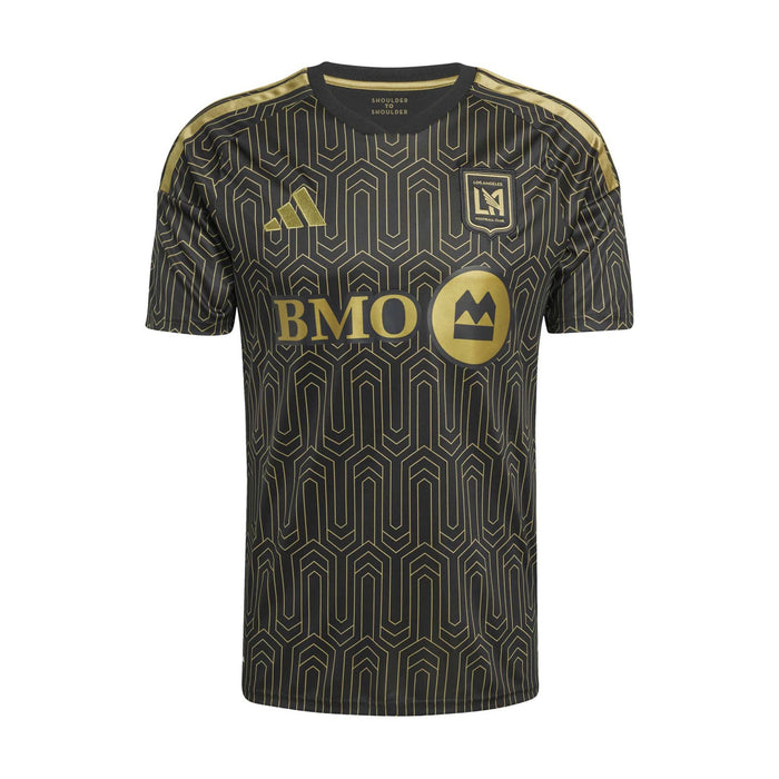 Black men's replica home soccer jersey with gold geometric pattern and LAFC crest
