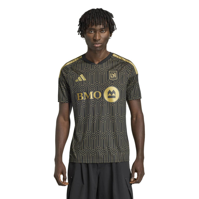 Black men's replica home jersey with gold geometric print, BMO logo and LAFC crest