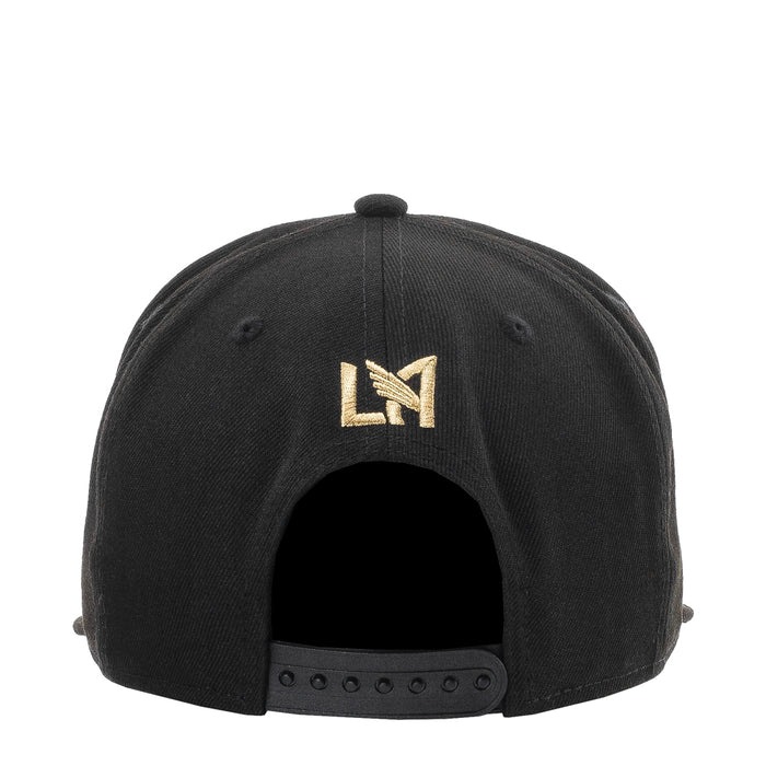 Black baseball cap with gold emblem on front panel and snapback