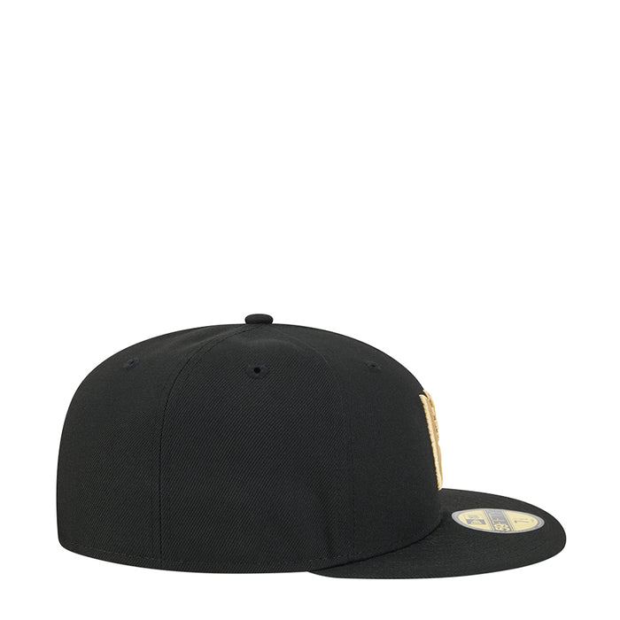 Black baseball cap with gold side detail and flat black brim