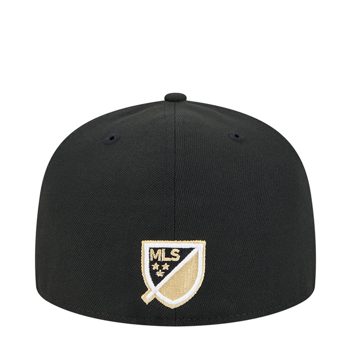 Black baseball cap with gold and white MLS shield patch on the back