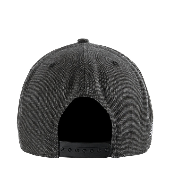 Washed black denim baseball cap back view with adjustable snap strap