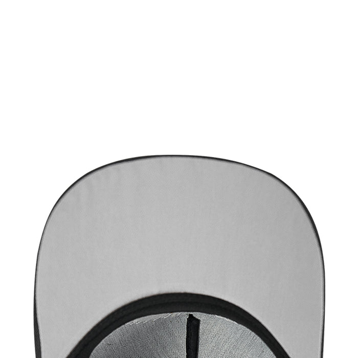 Washed black snapback cap interior under the brim