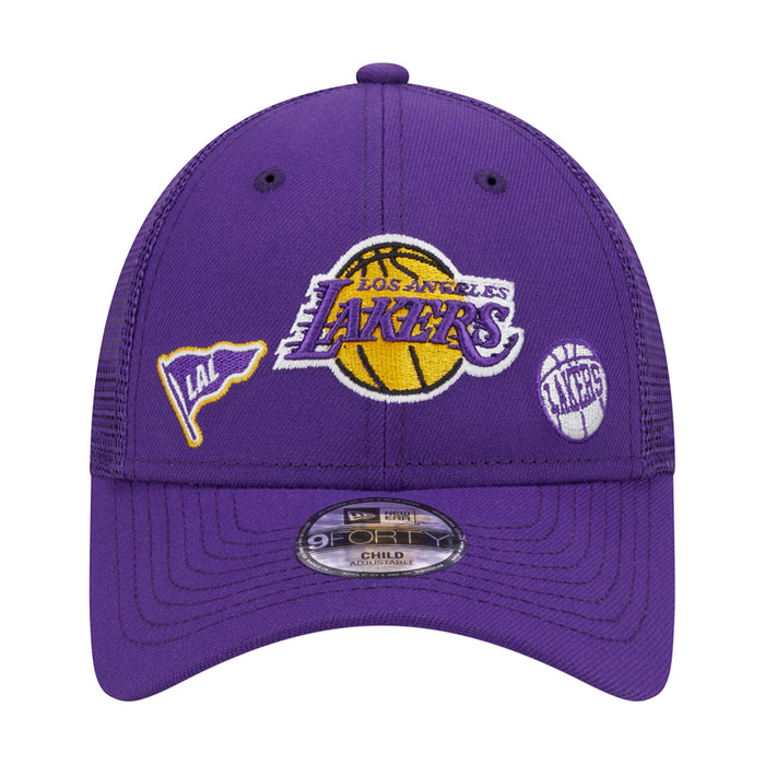 Kids purple trucker cap with Lakers logo patch and "Lakers" graphic