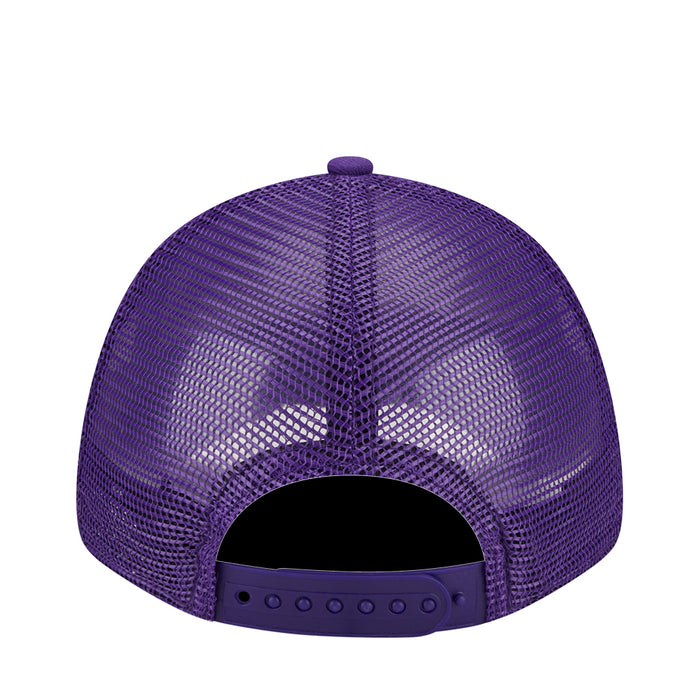 Kids purple trucker cap back view with mesh panels and adjustable snapback