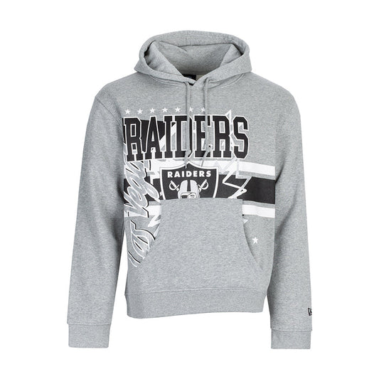 Men's grey Raiders pullover hoodie with front Raiders logo graphic and hood