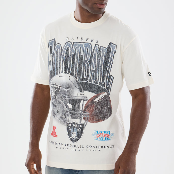 Off-white washed men’s T-shirt, large Raiders helmet graphic, crew neck style