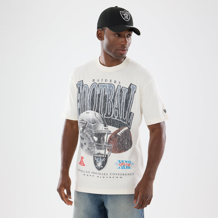 Off-white washed men’s T-shirt with Raiders football graphic, short sleeves