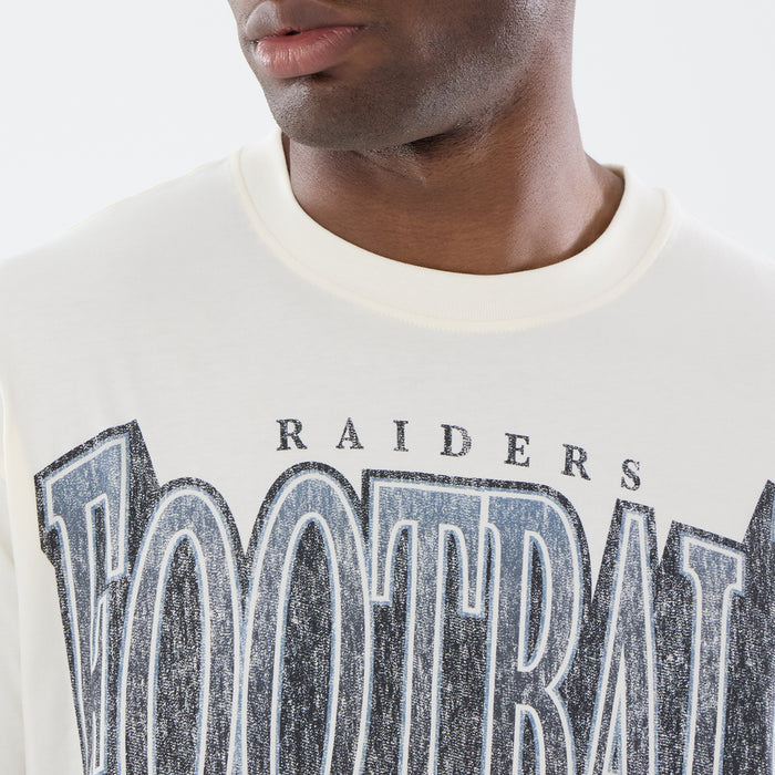 Off-white washed men’s T-shirt neckline, Raiders lettering and stadium print detail