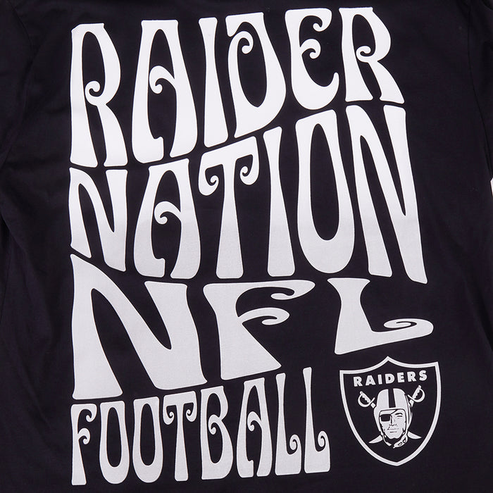 Close-up of large white Raiders Nation football back graphic on black T-shirt