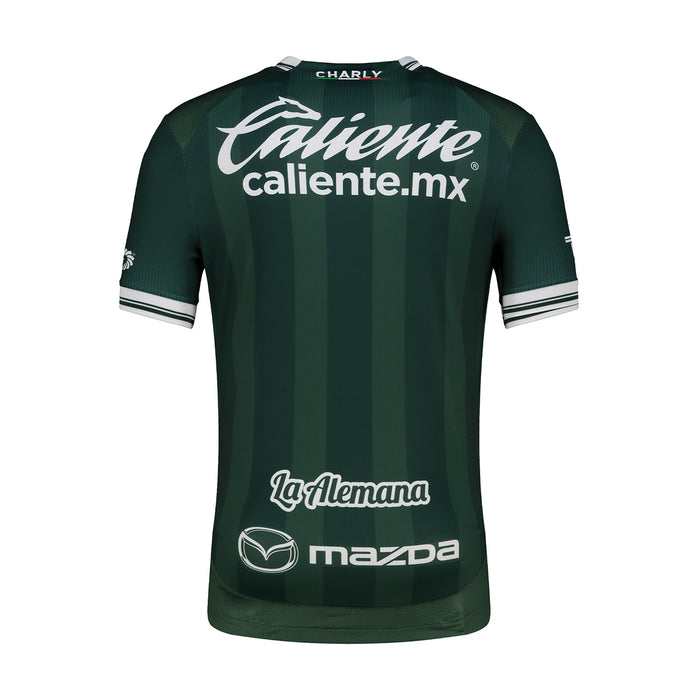 Dark green men’s soccer home jersey back view with Caliente logo and sponsor prints