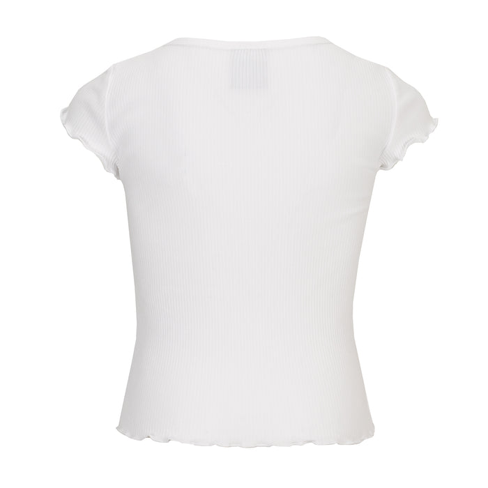 White youth lettuce-edge tee, crew neck, short sleeves; back view.