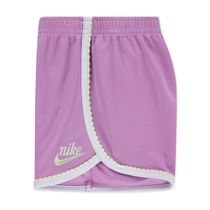 Light magenta mesh shorts with elastic waistband, contrast trim, and Nike logo