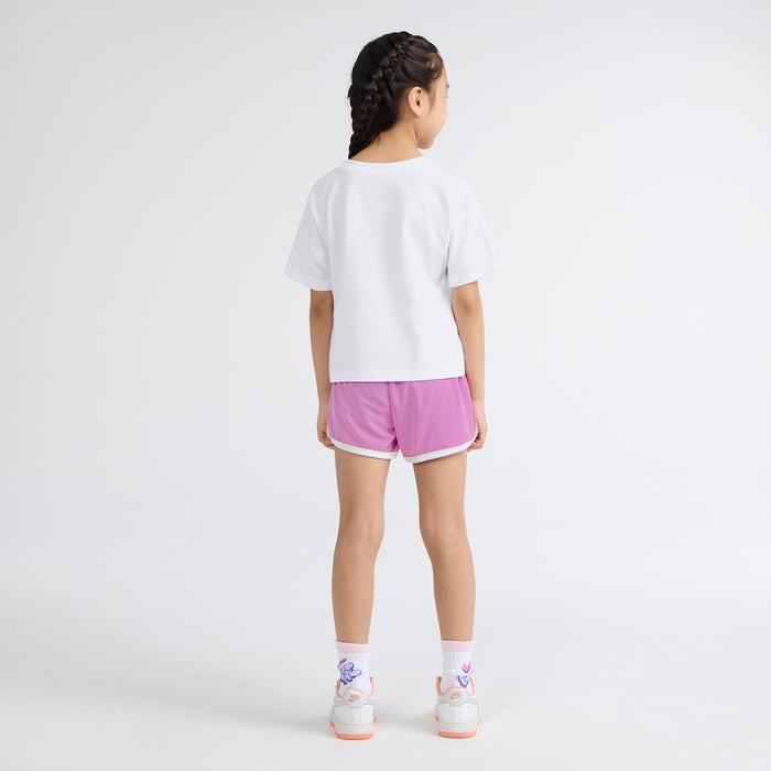 Kids white T-shirt and light magenta shorts set, back view with shorts waistband