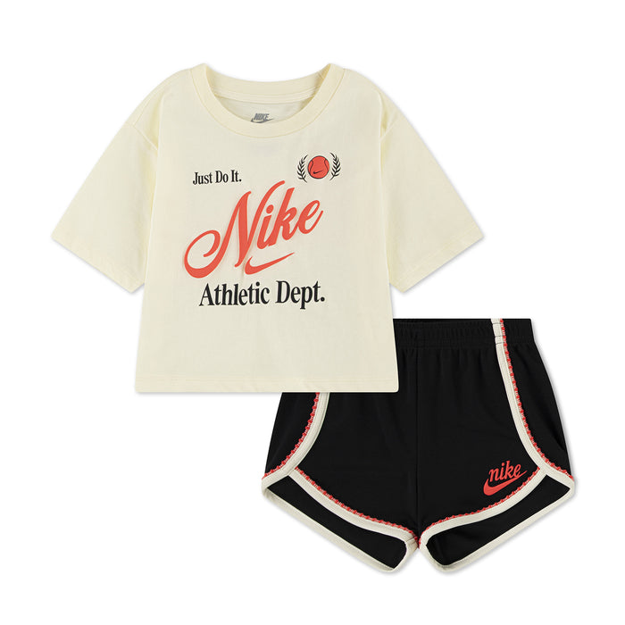 Toddler cream T-shirt and black shorts set with Nike graphic and red trim