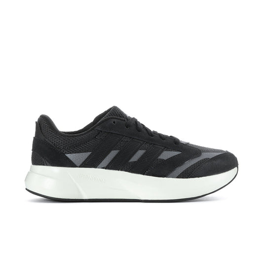 Black running sneaker for women with white midsole and sporty three-stripe accents