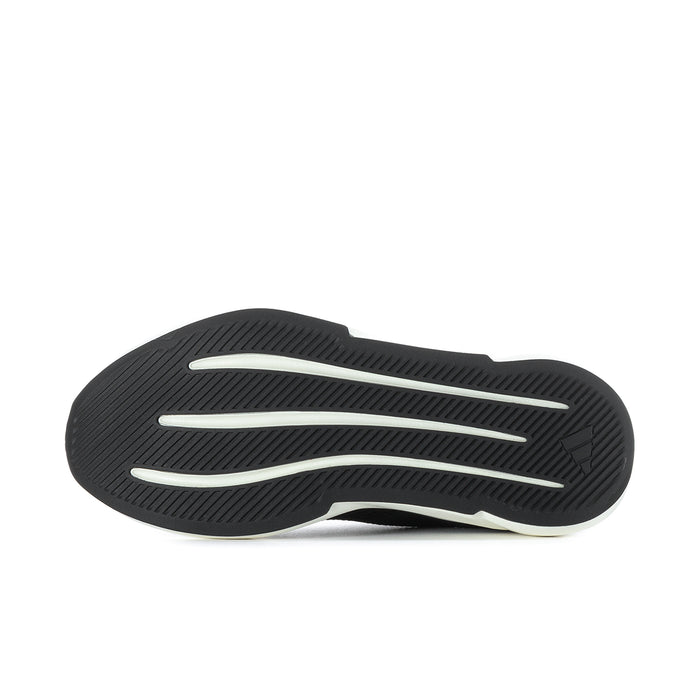 Black rubber outsole with tread pattern and white accent stripe