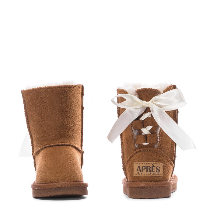 Toddler chestnut boot with white ribbon bow and faux fur trim