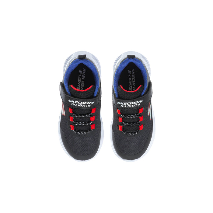 Toddler black sneakers with blue lining and red lace details, viewed from above